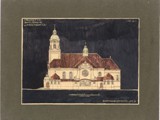 koloryzowany szkic jednej z wersji kościoła neobarokowego 